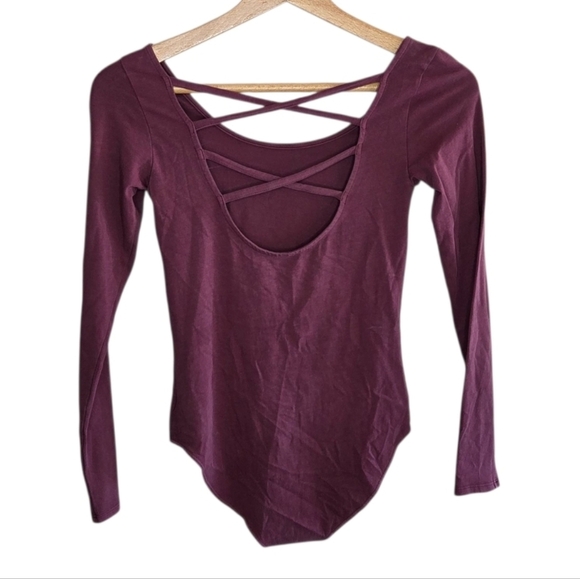 American Eagle Cotton Stretch Burgundy Long Sleeve Open Back Bodysuit Size XS - Picture 7 of 7